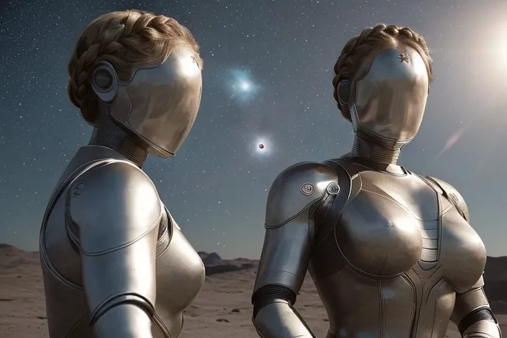 full shot body photo of two android women on the moon, masterpiece, (photorealistic:1.4), best quality, beautiful lighting , braided hairstyle, ray tracing, space background, ( very detailed background, detailed complex busy background : 0.8 ) , earth on the background,<lora:bliznyashkiTheTwins_v1:1>