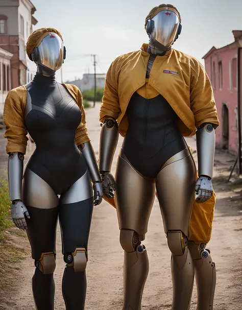<lora:bliznyashkiTheTwins_v1:1> high detail RAW color (Photo:1.3) of (two beautiful robots), standing in old USSR town, shallow depth of field, soft diffused lighting, Canon EOS R3, f/1.8, FE 40mm lens, soft focus, highly detailed professional photograph, HDR, UHD, 4k, full body, full growth, robot, android