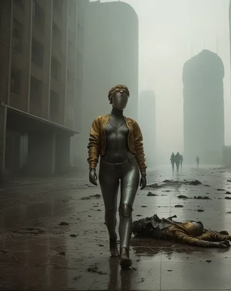 (full shot body:1.4) photo of android woman, soviet union, 70s, retrofuturism, masterpiece, (photorealistic:1.4), best quality,  ((old torn clothes, dirty)) beautiful lighting, ((old torn clothes, dirty))lying beaten on the ground, rain, mud, puddles, braided hairstyle, ray tracing, space background, ( very detailed background, detailed complex busy background : 1.4 ), sharp focus, volumetric fog, 8k uhd, dslr, high quality, film grain, ((depressive mood)), photorealism, lomography , at ( A sprawling soviet metropolis in a future dystopia ), view from below , translucency , (HDR:1.2), Mar <lora:bliznyashkiTheTwins_v1:1.1>