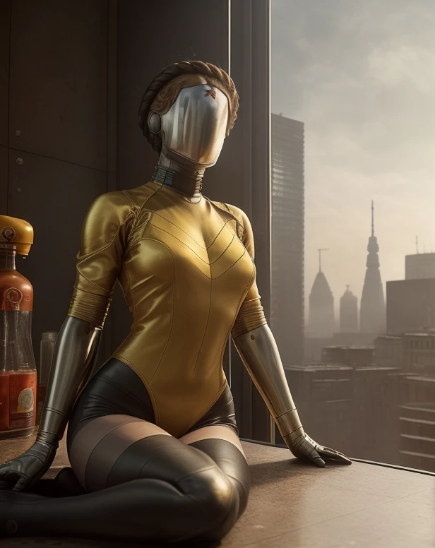 (full shot body:1.4) photo of android woman, soviet union, 70s, retrofuturism, masterpiece, (photorealistic:1.4), best quality, beautiful lighting, ((drinks alcohol)), sitting in an old soviet kitchen , braided hairstyle, ray tracing, space background, ( very detailed background, detailed complex busy background : 1.4 ), sharp focus, volumetric fog, 8k uhd, dslr, high quality, film grain, ((depressive mood)), photorealism, lomography , at ( A sprawling soviet metropolis in a future dystopia ), view from below , translucency , (HDR:1.2), Mar <lora:bliznyashkiTheTwins_v1:1.1>