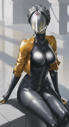 1girl, sharp lines, blue metallic skin, medium grey hair, grey accents, heavy shading, dark yellow leather tracksuit jacket, small breasts, dull colors, petite body, sitting, hand over knee, 5 fingers, portrait, <lora:breastinclassBetter_v13:1>, <lora:bliznyashkiTheTwins_v1:1>, <lora:samdoesartsSamYang_offsetRightFilesize:0.5>