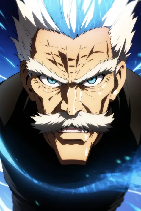 bang, anime, one punch, 1boy, old, solo, water, blue aura, facial hair, mustache, white hair, old man, beard, male focus, standing, looking at viewer, detailed, best quality, <lora:Bang-10:1>