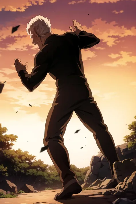 bang, anime, one punch, 1boy, old, outdoors, side view, beating monster, white hair, old man, standing, detailed, best quality, <lora:Bang-10:0.8>