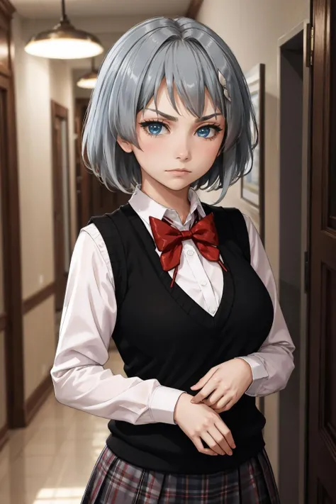 masterpiece, best quality, <lora:ricka-nvwls-v1-000008:0.8> machiyuki ricka, hair ornament, sweater vest, collared shirt, bowtie, long sleeves, plaid skirt, large breasts, scared, looking at viewer, frowning, night, hallway, dark, dimly lit, looking at viewer