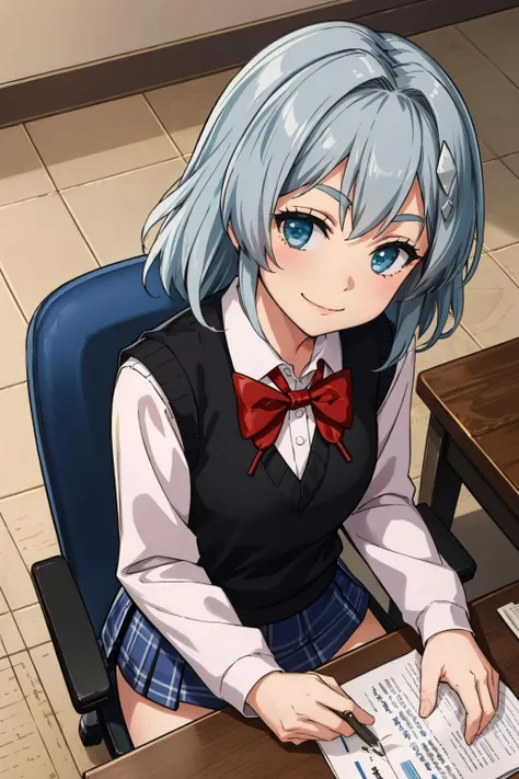 masterpiece, best quality, <lora:ricka-nvwls-v1-000008:0.8> machiyuki ricka, hair ornament, sweater vest, collared shirt, bowtie, long sleeves, plaid skirt, sitting, chair, desk, table, looking at viewer, indoors, from above, smile