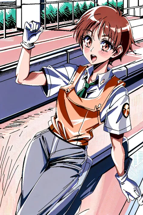 1girl,IzumiNoa,IzumiNoaUniform, pants, white gloves, vest,standing,waving,happy,short hair,in parking lot,tie, <lora:IzumiNoa_V1-Manityro-Dadapt:1>, <lora:TrueLoveStyle:1>