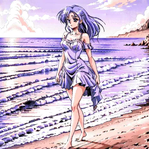 masterpiece, portrait of woman in dress walking on the beach, gods rays, sfw, <lora:TrueLoveStyle:1.0>