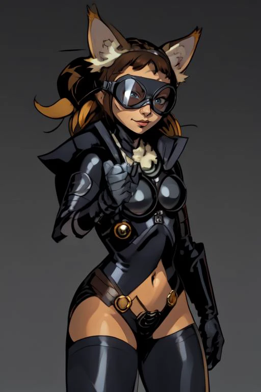 <lora:Himukai_yuuji-NAI-LyCORIS-v2:0.9> a catgirl thief wearing goggles and looking real smug about herself