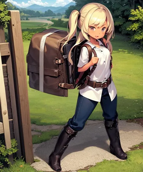 <lyco:himukai_yuuji-NAI-LyCORIS:0.9>, 1girl, solo, shirt, pants, belt, boots, backpack, outdoors