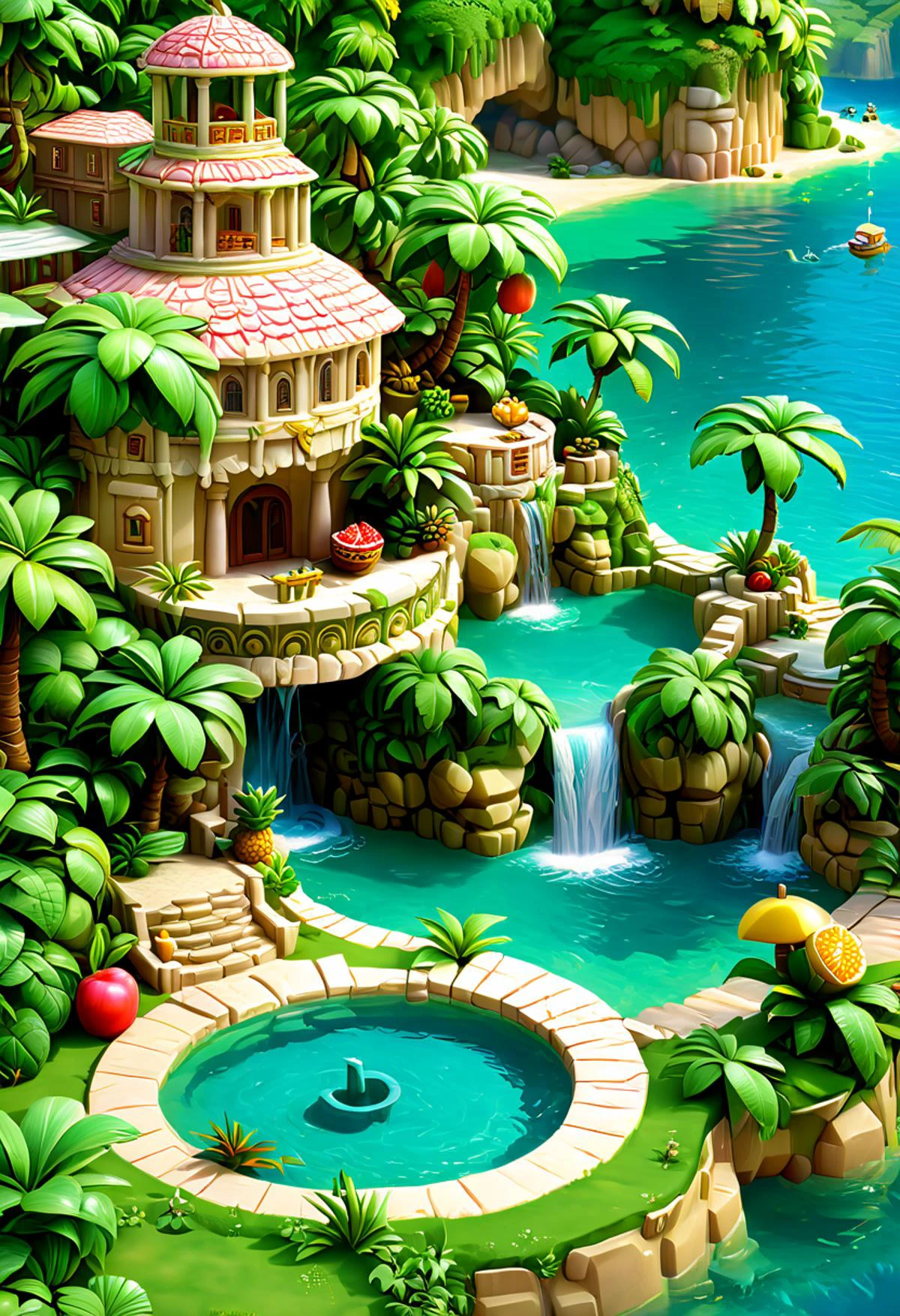 (no people:1.7),(masterpiece), realistic lighting,vivid colour,ultra sharp, 1.2), (masterpiece, best quality:1.3, 3d, highres, ultra-detailed, 8k, 85mm
realistic illustration, intricate details, hyperdetailed, extremely sharp,4k, ,isometric style,
Delfino_Plaza, small fruit stand, pineapples, coconuts, palm tree, small house,natural swimming pool, waterfall, Greek columns, fish, tropical fruits, wonderful, fantastic, breathtaking view, stunning,
<lora:isometric-v1:1>,
<lora:SDXLFaeTastic2400:1>,
<lora:Delfino_Plaza_XL-000009:1>,