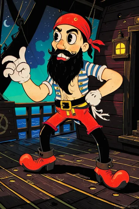 <lora:Wizards_Vintage_Rubber_Hose1930s_Animation_Style:1> whimsical, cartoony, 1930s rubberhose style illustration of a pirate with a ((pegleg)), long black beard, on a dilapidated pirate ship, quirky, magical, eccentric, surreal, wacky, silly, creepy vivid colors, eerie colors, scary glow, dark colors, underlit, fear, masterpiece, best quality, high resolution, perfect composition, realistic proportions, ultra sharp, perfect shadows, highly detailed, photorealistic, high realism