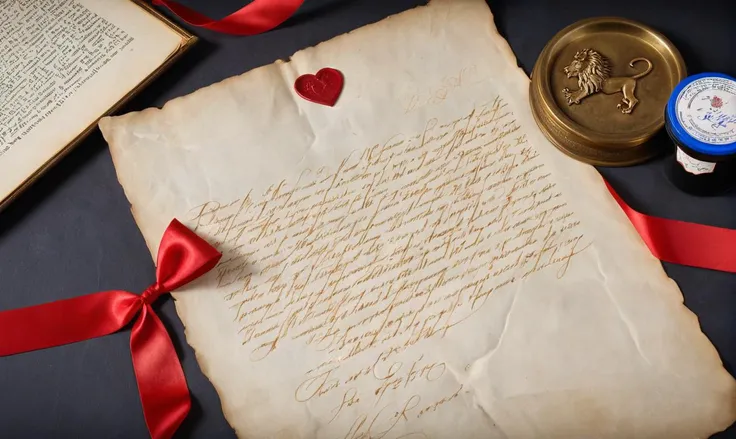 Food photography style real epic story
love letter written with blue ink handwriting, old pergament paper, intricate detailed
hebraic letterrs, red wax seal with ribbon and creases
header is royal lion sign
. Appetizing, professional, culinary, high-resolution, commercial, highly detailed
