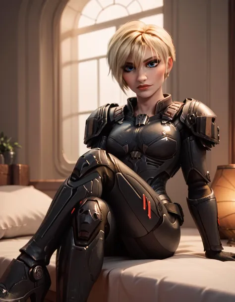 score_9,score_8_up,score_7_up,score_6_up, <lora:intricate_details:1>,
 <lora:Wreck-it_Ralph_Sergeant_Calhoun:0.8>, wir_calhoun, blonde hair, short hair, armor, blue eyes, bodysuit, science fiction, shoulder armor,
sexy, seductive, lust, sitting on edge of bed, legs crossed, sexy pose, full body shot,