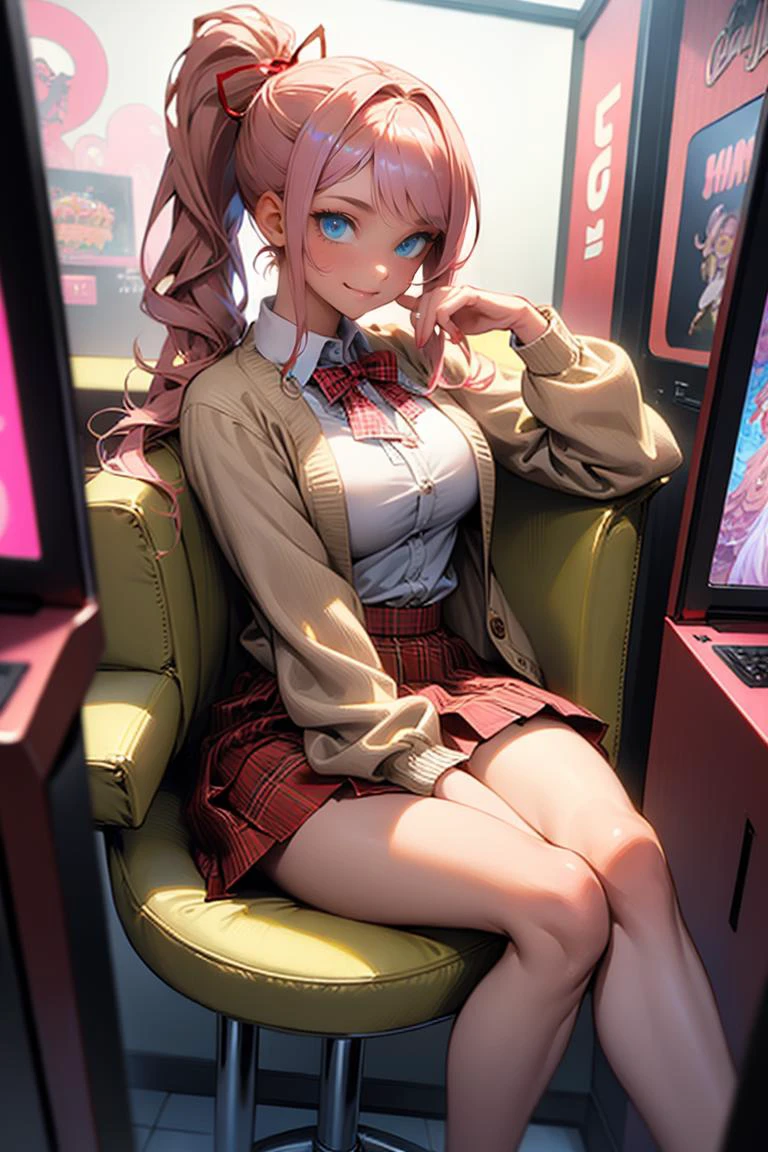 (Masterpiece, intricate, surrealistic), magical aesthetic, moody, sharp focus, thick shape,
solo girl, (smile:0.9),
pink hair, ponytail,
white blouse, red ribbon, beige cardigan, Plaid skirt,
medium brest,
day time, video arcade, indoor, gyaru,
siting stool, Tapping foot,
Enhance colors to maximum saturation, (from above:0.8),
<lora:leco_gyaru_500steps:-1.0>,