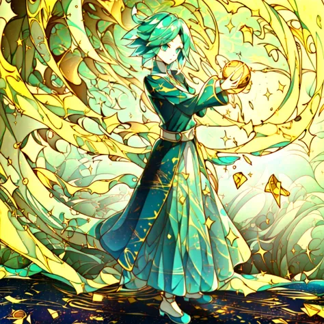 phosphophyllite, phos, green_hair, short_hair, 1girl, standing, pose,  <lora:Phos-LoRA:1>  <lora:GenshinSplash-V3:1> splash screen, (swirling:1.3) background, ( gold theme, green_theme:1.2), elegant, robe, (sparkling kintsugi, gemstone fragments:1.5)