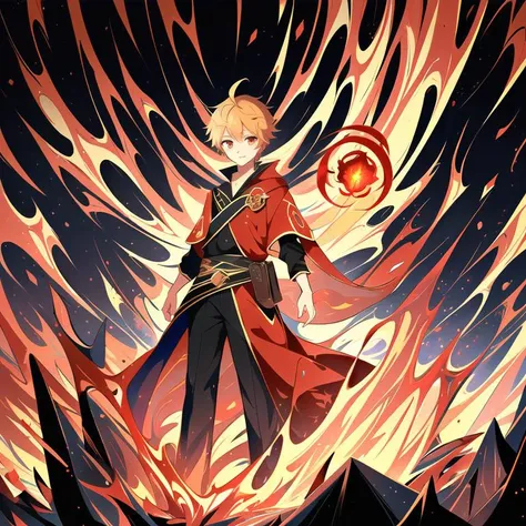 <lora:GenshinSplash-V3:1> splash screen, swirling background, dynamic scene, 1boy, male, young mage, (face, wide-eyed:1.5), elegant ornate robe, magic, fantasy, red_theme, (magma:1.3), lava, volcano, fractured rock