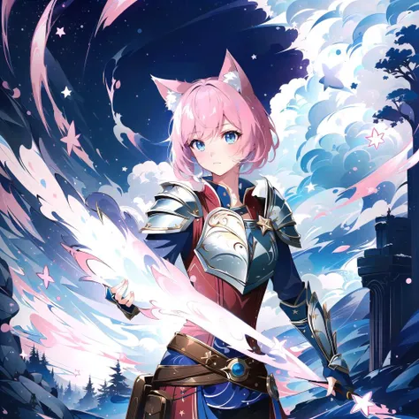 <lora:GenshinSplashV4-e2:1> gs2, swirling, 1girl, solo, pink_hair, short_hair, cat_girl, cat_ears, skyrim, armor, (outdoors:0.85)