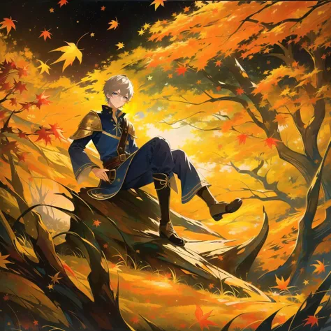 <lora:GenshinSplashV4-e2:1> (gs2:1.2), 1boy, falling_leaves, (autumn_leaves:1.1), (swirling:1.2), wind, silver_hair, short_hair, medieval, (fantasy:1.2), simple_background, black_background, stump, sitting