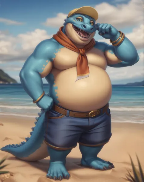 makara, tail, male, sharp teeth, blue eyes, plump, belly, finger claws, loose shorts, orange scarf, yellow cap, wristband, posing, happy, beach background, by personalami, by tojo the thief, by taranima, complex background <lora:makara_findigo_v1:1>