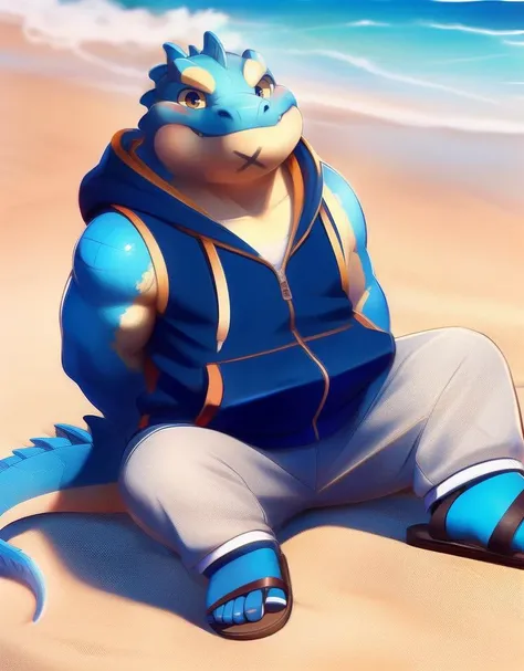 (((detailed eyes, detailed face))), (bara, makara <lora:character_makara_findigo_v2:1>, dragon tail, fins, fangs), male, (plump, fat, chubby, overweight), (blue hoodie, sleeveless hoodie, grey shorts, sandals), sitting, arms behind back, smile BREAK (konzaburou, ukan_muri, cute), beach, (soft shading), 8k, UHD, masterpiece