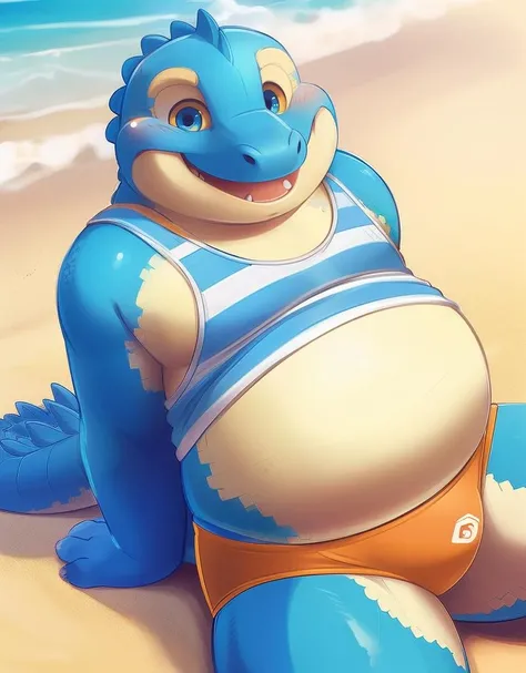 At the beach, Feraligatr, massive belly. Extremely obese, stomach bigger than my body , bedroom eyes, reclining on his side, portrait, painting, toothy grin , legs crossed, birds eye view 