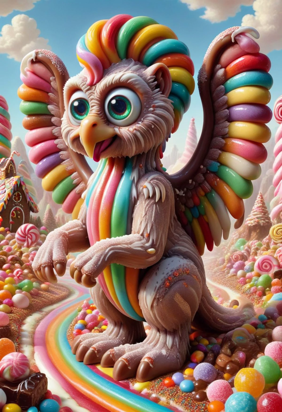 DonMC4ndyL4ndXL enormous roaming creeping nostalgic hominid entity, unguligrade appendages, bushy-tailed, slimy skin, griffin wings,, candyland <lora:DonMC4ndyL4ndXL:1>