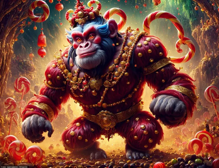 masterpiece, awesome quality, cinematic lighting, detailed, DonMC4ndyL4nd ogre, Mythical Monkey King from Chinese folklore,  immense strength and magical powers, master of transformation and combat,  mischievous and rebellious spirit, perseverance, cunning, unreal , candyland <lora:DonMC4ndyL4nd:0.85>