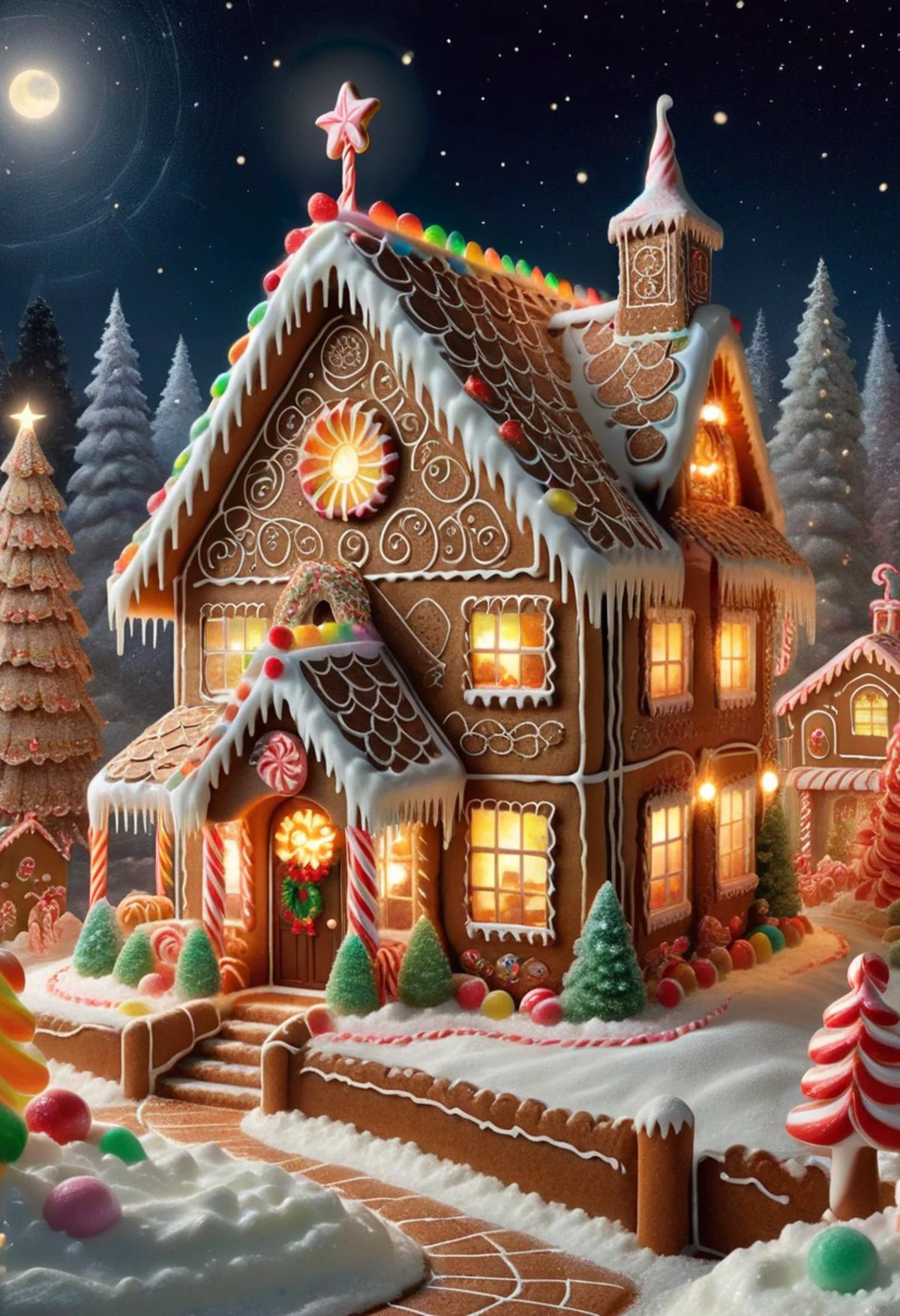 DonMC4ndyL4ndXL midnight mass illustrations, belle, gingerbread house,christmas tree, peaceful and serene,bright and colorful,warm and inviting, japanese lighting, sparkling decorations adorning homes and streets <lora:DonMC4ndyL4ndXL:1>