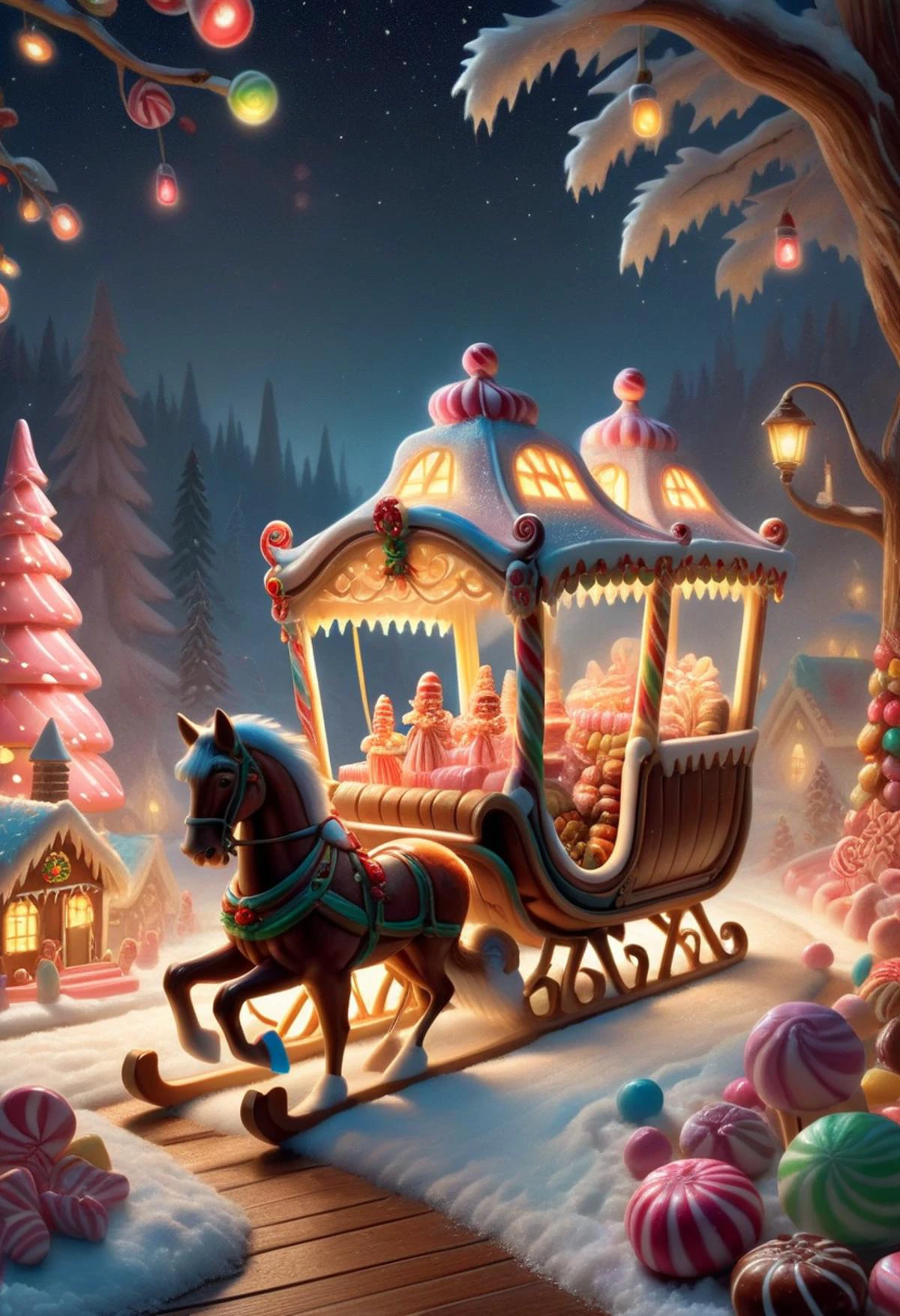 DonMC4ndyL4ndXL sleigh ride illustrations, the nutcracker, , tranquil and serene,uplifting and spirited,radiant and glowing, desk lamps, glowing lanterns and candles lighting up the darkness, candyland <lora:DonMC4ndyL4ndXL:1>