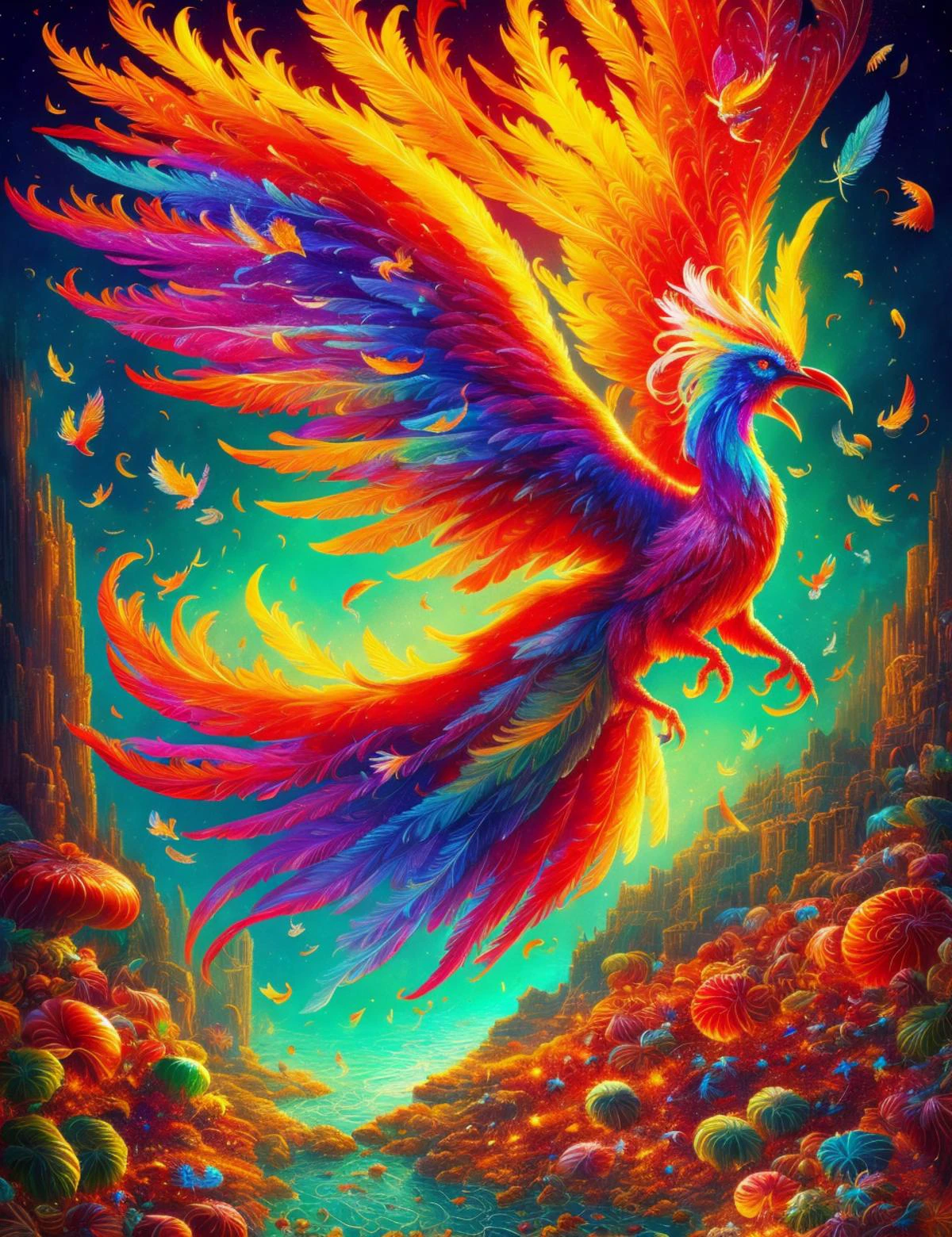 masterpiece illustration, detailed, hires, octane rendering,DonMC4ndyL4nd phoenix, mythical powerful bird, in flames, vibrant colors,, large and majestic wings long flowing tail feathers, resplendent radiant plumage immortality, renewal, rebirth, self immolate, fresh air,noxious,toxic,adaptive,submerged,tropical,martian atmosphere,artificial environment,fierce,bare <lora:DonMC4ndyL4nd:1>