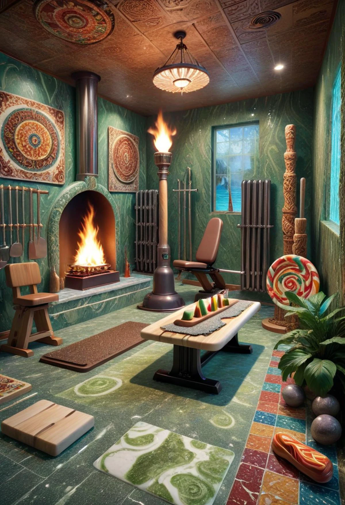 DonMC4ndyL4ndXL gym/exercise room, plates,chairs,shoe rack,cutting board, russian tapestry weave tapestry,rubber flooring,marble stone, algae bioreactors for lighting,fire torch or tiki torch, cove lighting <lora:DonMC4ndyL4ndXL:1>