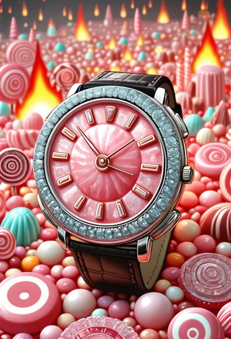 DonMC4ndyL4ndXL  wristwatch, mesmerizing very, very slightly included (vvs1) rhodochrosite, round cut, step cut facets, 1.75 carat, flaming,    sparkled, niobium, solid, sturdiness, impregnation, unique setting, handmade, rare find, abstract, retro, custom and tradition, candyland <lora:DonMC4ndyL4ndXL:1>