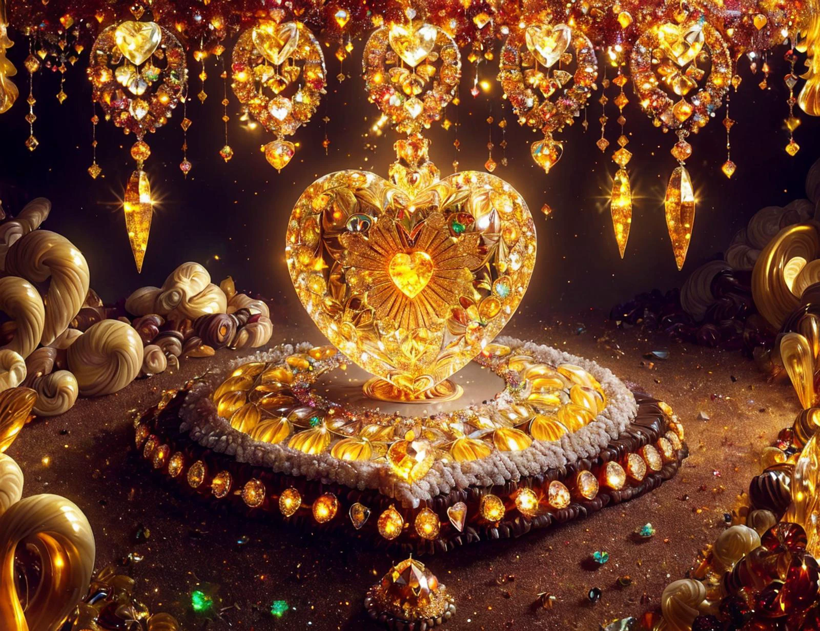 masterpiece, awesome quality, cinematic lighting, detailed, DonMC4ndyL4nd hairpin, opalescent visible inclusions amber, heart cut, girdle facets, 8.00 carat, glowing, glittered, gold, indestructible, tenacity, oil treatment, gypsy setting, vintage, antique, ethnic, renaissance, geometric patterns <lora:DonMC4ndyL4nd:1>