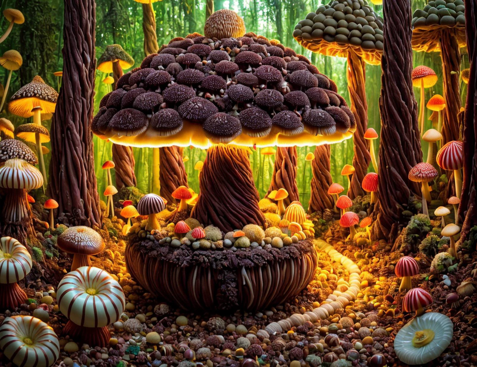 masterpiece, awesome quality, cinematic lighting, detailed, DonMC4ndyL4nd dark brown ample cylindrical fuzzy mushroom, dotted, lacy, underground exchange, coniferous forest, coprophilous, sticky latex,,hymenium with folds,,cortina cinnabar gradually tapering and rooting base, potentially lethal, } <lora:DonMC4ndyL4nd:1>