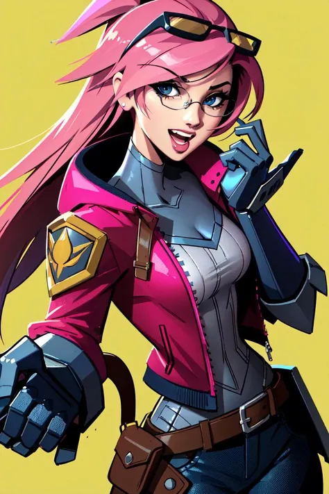 Nemstyle, 1girl, solo, long hair, breasts, looking at viewer, smile, open mouth, bangs, blue eyes, simple background, jewelry, medium breasts, jacket, pink hair, :d, cowboy shot, earrings, teeth, hand up, armor, upper teeth only, scar, sunglasses, gauntlets, yellow background, eyewear on head, red jacket, scar across eye, vi (league of legends)<lora:NemstyleV1:1>