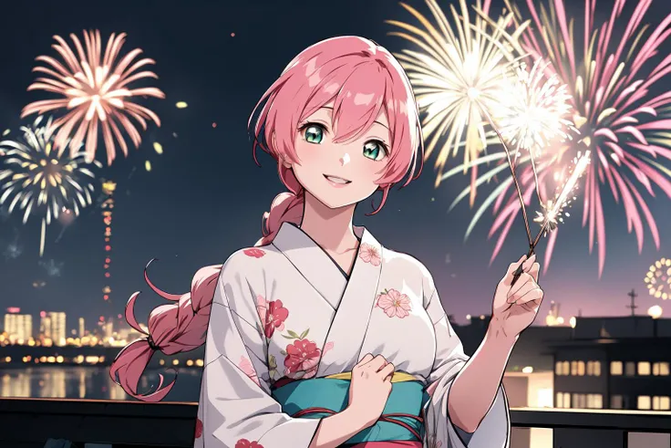 (RAW photo, best quality), 1girl, natural lighting, <lora:innai_kansen_yoneda_shiori_v2_2-000004:1>, yoneda shiori, smile,
summer evening, fireworks, floral yukata,