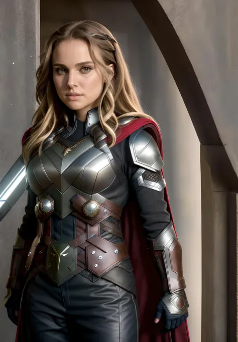 ((masterpiece)), (best quality), perfect anatomy, highres, detailed, (8k), photorealistic,best quality, ultra highres, ((detailed face)),
<lyco:natalieportman_lycoris_01-000001:1>, 1girl, natalieportman-smf, solo, cape, long hair, blonde hair, armor, gloves, realistic, pants, brown hair, weapon, thor-outfit, full body, big hammer