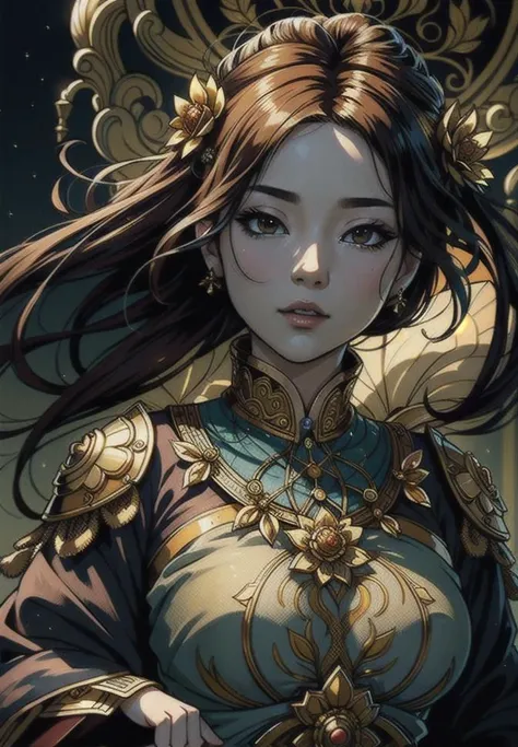 A woman in a golden dressï¼There is a golden flower stuck in his hair, By Li Song, Guviz-style artwork, 8K high quality detailed art, IG model | Art germ, by Yang J, detailed portrait of an anime girl, Palace ï¼ A girl in Hanfu, intricate wlop, Beautiful character painting, beautiful fantasy art portrait