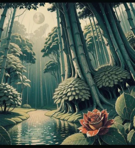 A jungle, with intense rainfall, monochromatic, vines all around, giant and wet trees, masterpiece, best quality, high quality, extremely detailed CG unity 8k wallpaper, oil paiting, award winning photography, Bokeh, Depth of Field, HDR, bloom, flowers roses , many diamond crystal, on the beach, fantasy, sky night , moon, smoke , photo, HD, 8K , realistic, HD, intricate, 8k, highly detailed,fun, sharp focus,