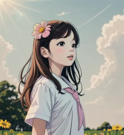 (masterpiece, best quality),1girl, solo, flower, long hair, outdoors, letterboxed, school uniform, day, sky, looking up, short sleeves, parted lips, shirt, cloud, black hair, sunlight, white shirt, serafuku, upper body, from side, pink flower, blurry, brown hair, blue sky, depth of field