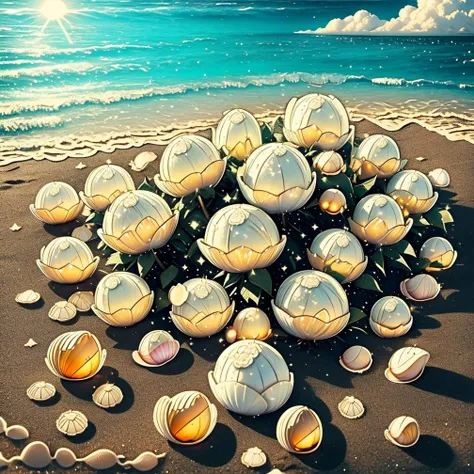 castle, flowers, delicate scene, sky,white clouds,and sunlight shine on the snow-white beach. flowers roses and shiny large shells, diamond crystal, on the beach, fantasy, sky night , moon, smoke , fire, photo, HD, 8K ,
