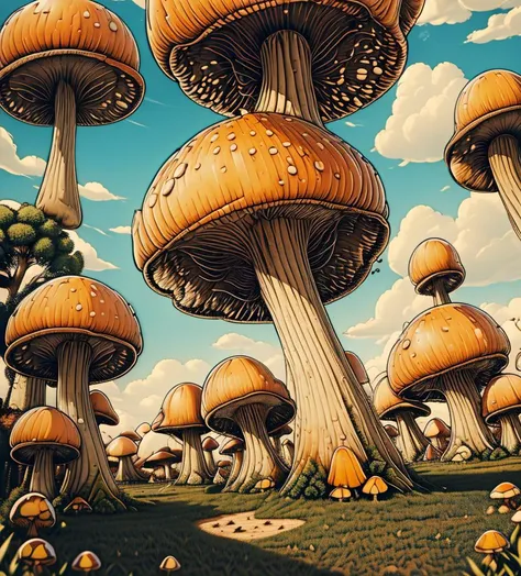 photorealistic, surreal landscape with giant mushrooms and intricate architecture,tree, 3D , 8 k, 32 k, HDR, realistic,
