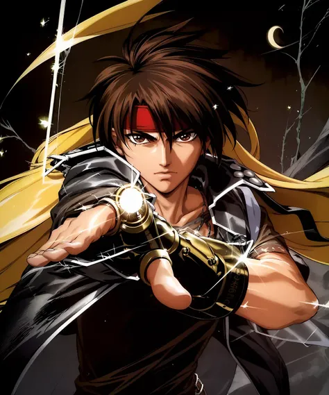 (Masterpiece, Best Quality:1.4), Orphen, (ultra-detailed) portrait, 8k resolution, best Illustration, Manga, fantasy art, Ayami Kojima, dynamic, retro artstyle, (Traditional Media:1.2), (male focus:1.2), 1990s \(style\), thick lineart, [black outline], looking at viewer, (focus face), (extremely detailed face, deep eyes:1.2), serious, sword, black jacket, brown hair, brown eyes, dramatic lighting:1.1, light particles, halation, wind, bokeh:0.2, 85mm, dramatic, (atmosphere),intricate, beautiful, highly detailed, sky, (gradients), wide shot, (full body), moonlight, fireflies, best shadow, graphite \(medium\),  <lora:Orphen-01:0.9>,  <lora:Magic_Knight_Rayearth-10:0.3>