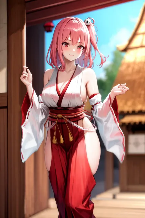 masterpiece, best quality, highres, 1girl, honoka, miko, hakama skirt, standing, shrine, smile <lora:doa_honoka:1.0>
