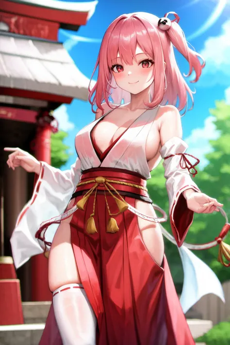 masterpiece, best quality, highres, 1girl, honoka, miko, hakama skirt, standing, shrine, smile <lora:doa_honoka:1.0>