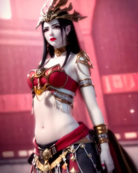 1girl, belt, black hair, breasts, cowboy shot, depth of field, earrings, jewelry, lipstick, long hair, looking at viewer, makeup, midriff, navel, pointy ears, red lips, solo, standing