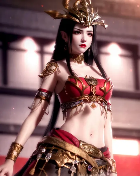 1girl, belt, black hair, breasts, cowboy shot, depth of field, earrings, jewelry, lipstick, long hair, looking at viewer, makeup, midriff, navel, pointy ears, red lips, solo, standing