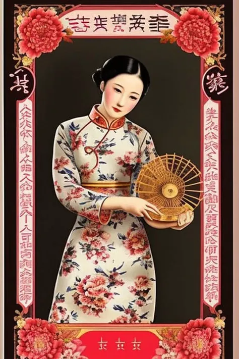 a picture of a woman holding a fan and a vase with flowers on it, and a chinese character on the front, 1girl, chinese_clothes, floral_print, flower, hair_ornament, holding, lips, long_hair, realistic, solo, sword, weapon  <hypernet:chinprop:1>