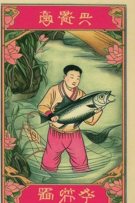 chinese card with a man holding a fish and a net in it's hand, with chinese characters on it, 1boy, arm_hair, art_nouveau, asa_no_ha_\(pattern\), bird, branch, egasumi, fine_art_parody, fish, fishnets, flower, japanese_clothes, kanji, kimono, leg_hair, lotus, mount_fuji, nihonga, old, old_man, paddle, painting_\(medium\), paper_lantern, photo_\(medium\), pink_flower, rising_sun, short_sleeves, solo, sun, traditional_media, watercolor_\(medium\)  <hypernet:chinprop:1>