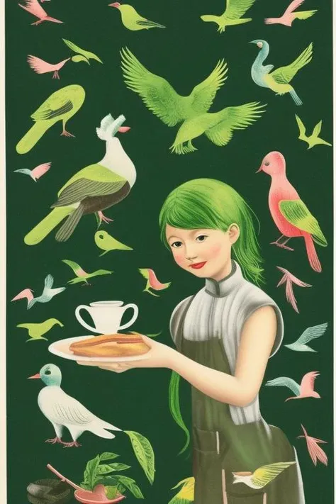 cafe menu with a young girl  with green hair and birds <hypernet:chinprop:1>